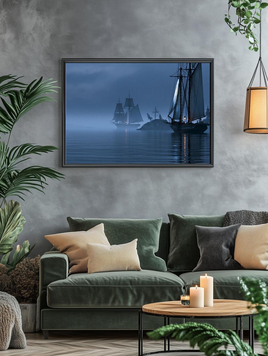 Foggy Sailing Ships Photography Poster. — room view 4