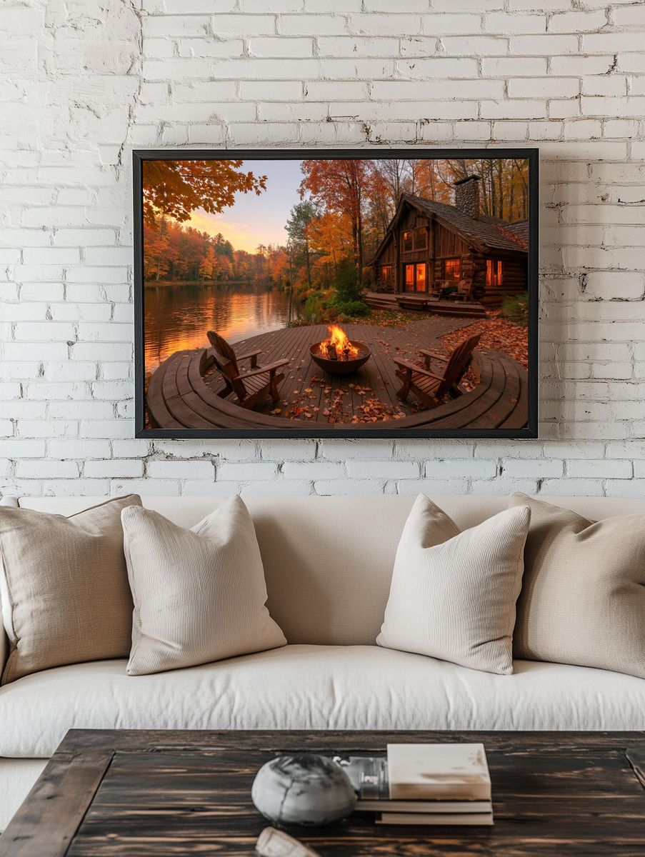 Autumn Lakeside Cabin Photography Poster. — room view 1