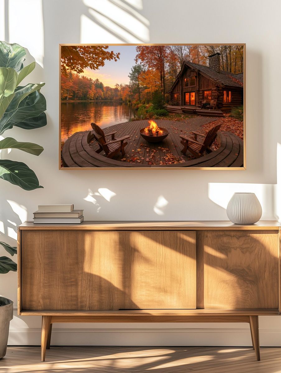 Autumn Lakeside Cabin Photography Poster. — room view 3