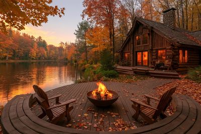 Autumn Lakeside Cabin Photography Poster. poster