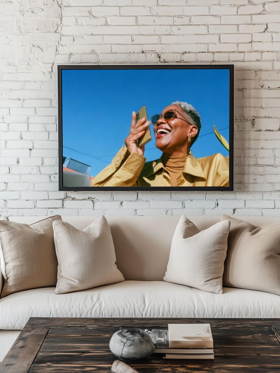 Joyful Woman in Sunlight Photography Poster. — room view 1