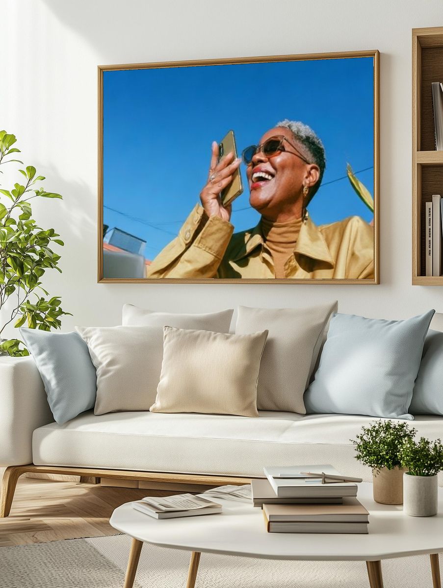 Joyful Woman in Sunlight Photography Poster. — room view 2