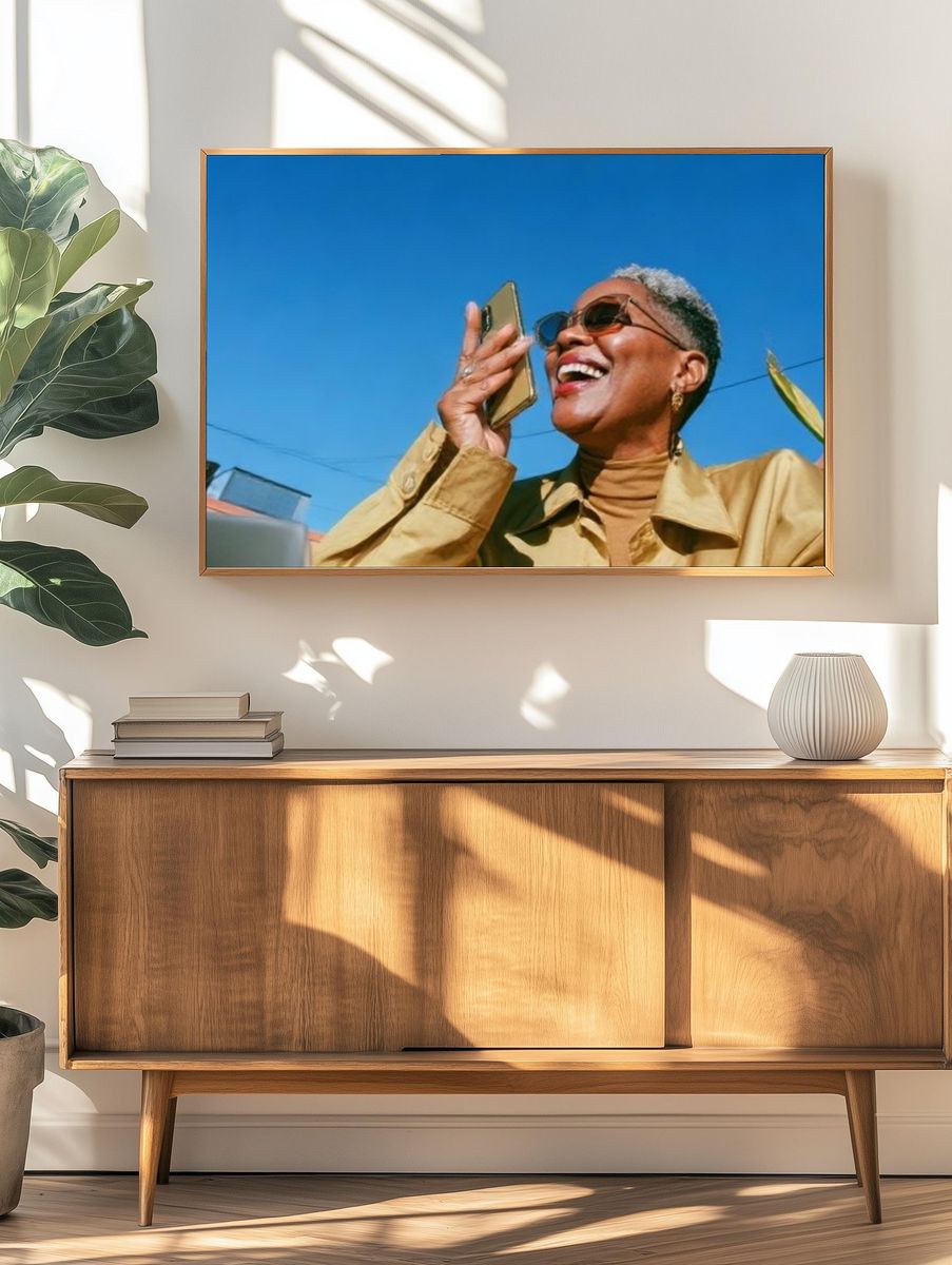Joyful Woman in Sunlight Photography Poster. — room view 3