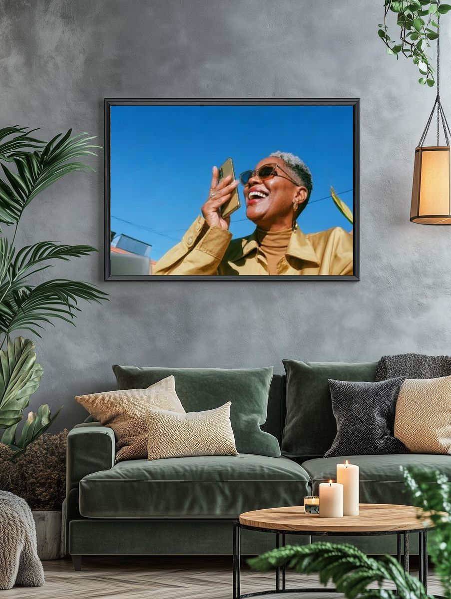 Joyful Woman in Sunlight Photography Poster. — room view 4