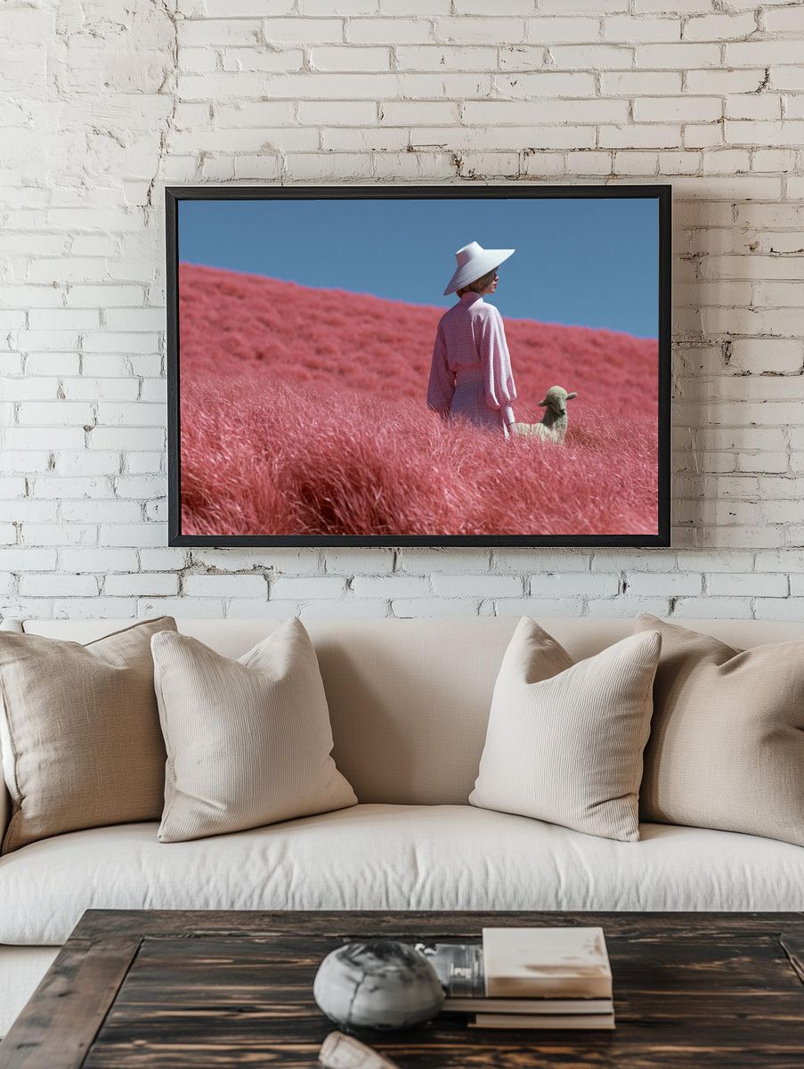 Pink Meadow Portrait Print. room preview