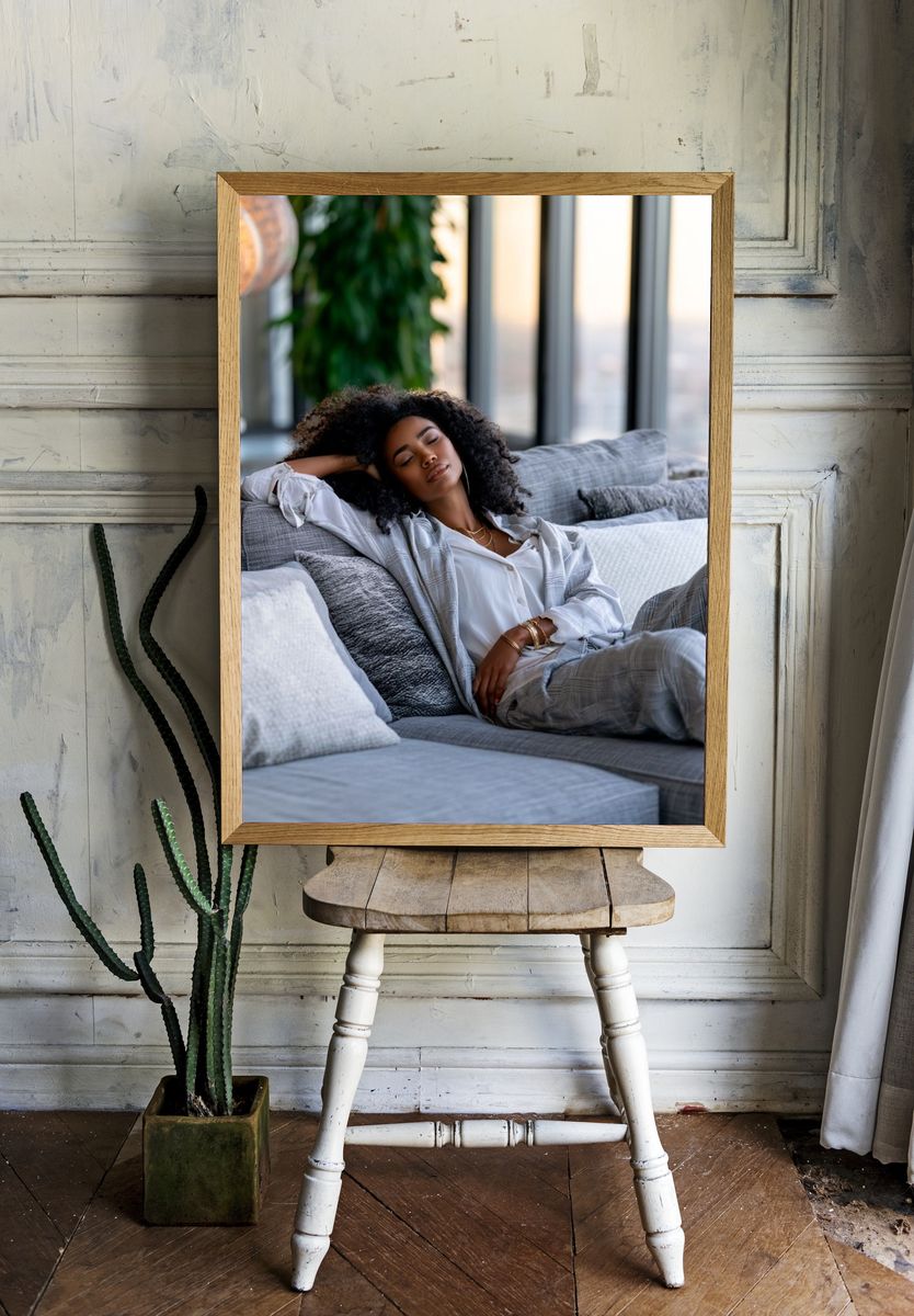 Relaxed Woman on Sofa Photography Poster. room preview