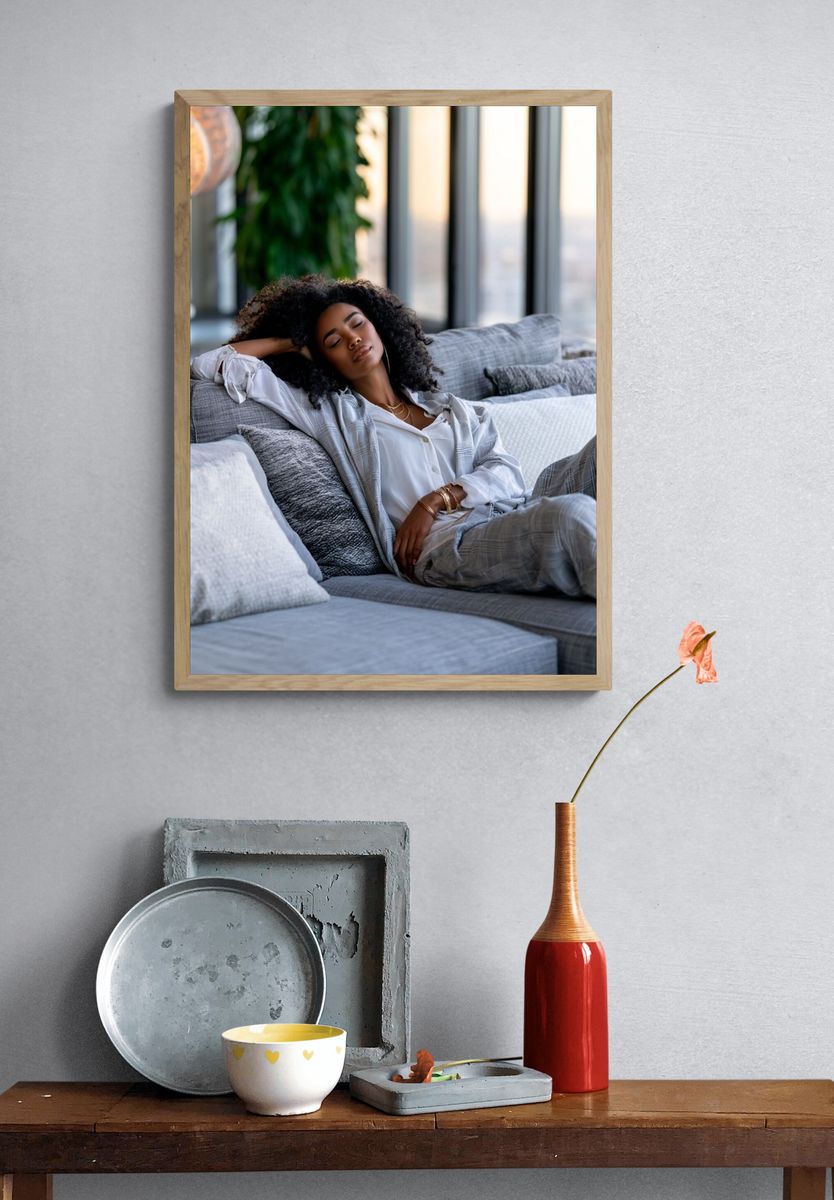 Relaxed Woman on Sofa Photography Poster. — room view 3