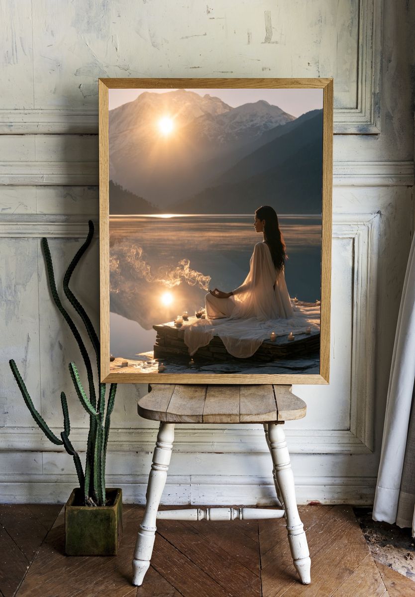Meditative Lake Sunrise Photography Poster. room preview