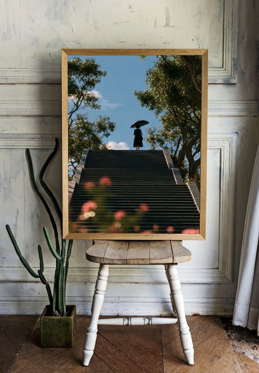 Umbrella Stairway Silhouette Photography Poster. — room view 1