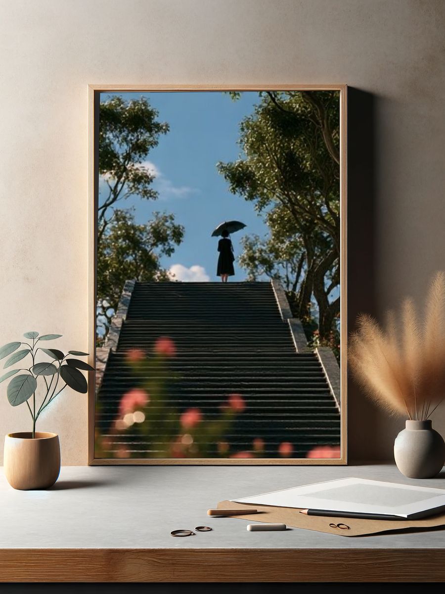 Umbrella Stairway Silhouette Photography Poster. — room view 2