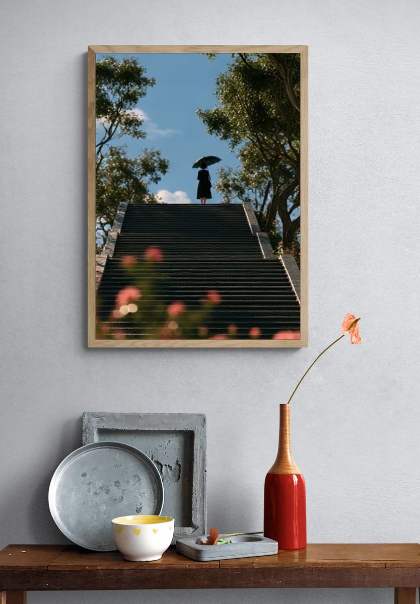 Umbrella Stairway Silhouette Photography Poster. — room view 3