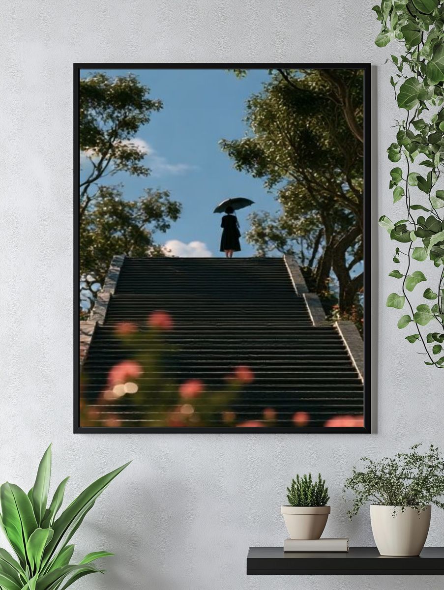 Umbrella Stairway Silhouette Photography Poster. — room view 4