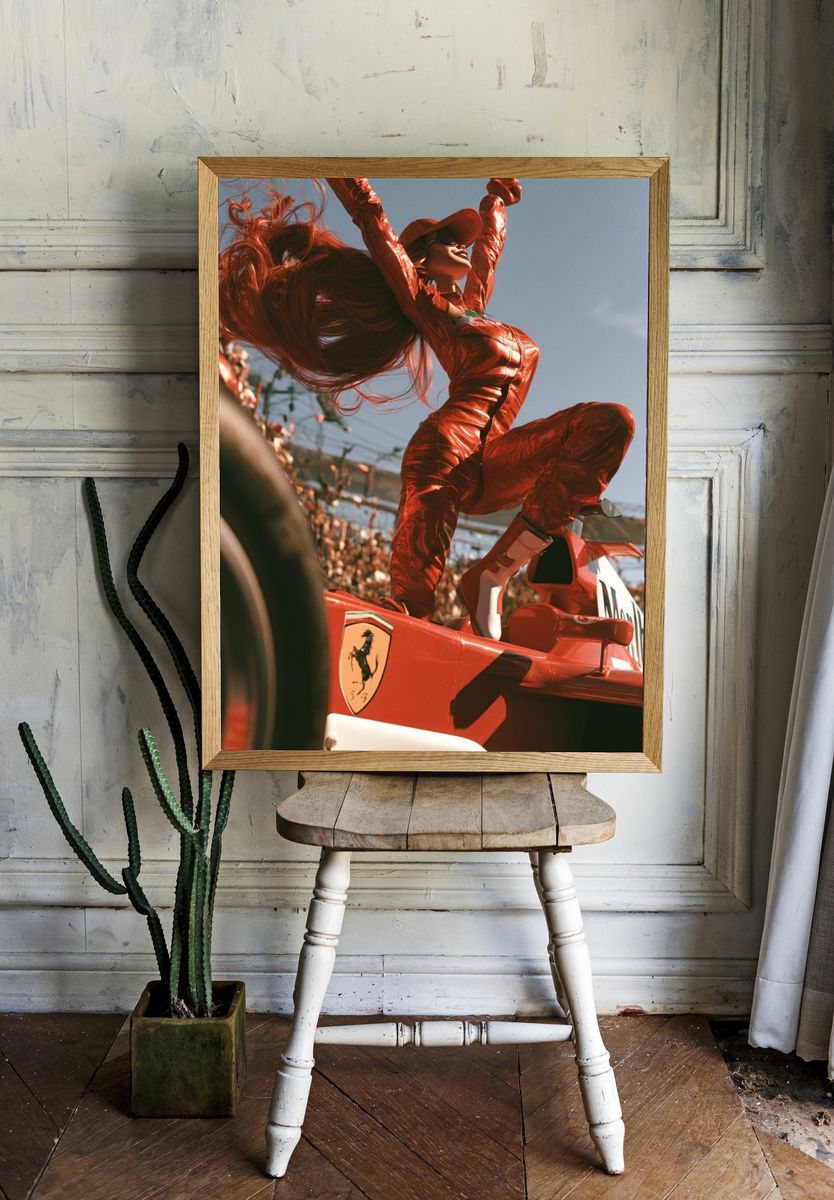 Ferrari Victory Pose Photography Poster. room preview