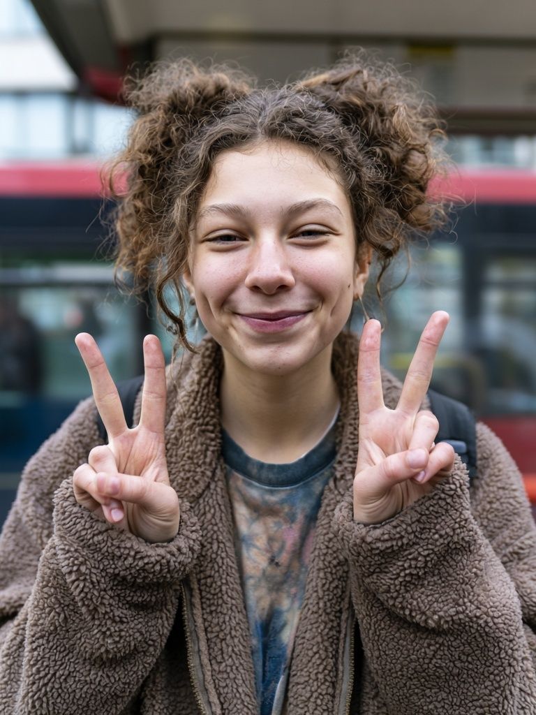 Smiling Girl Peace Sign Portrait Print. poster — photography art