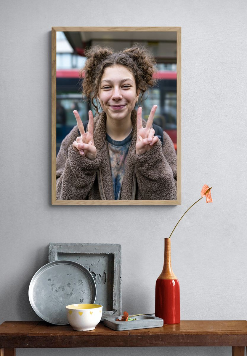 Smiling Girl Peace Sign Portrait Print. — room view 3