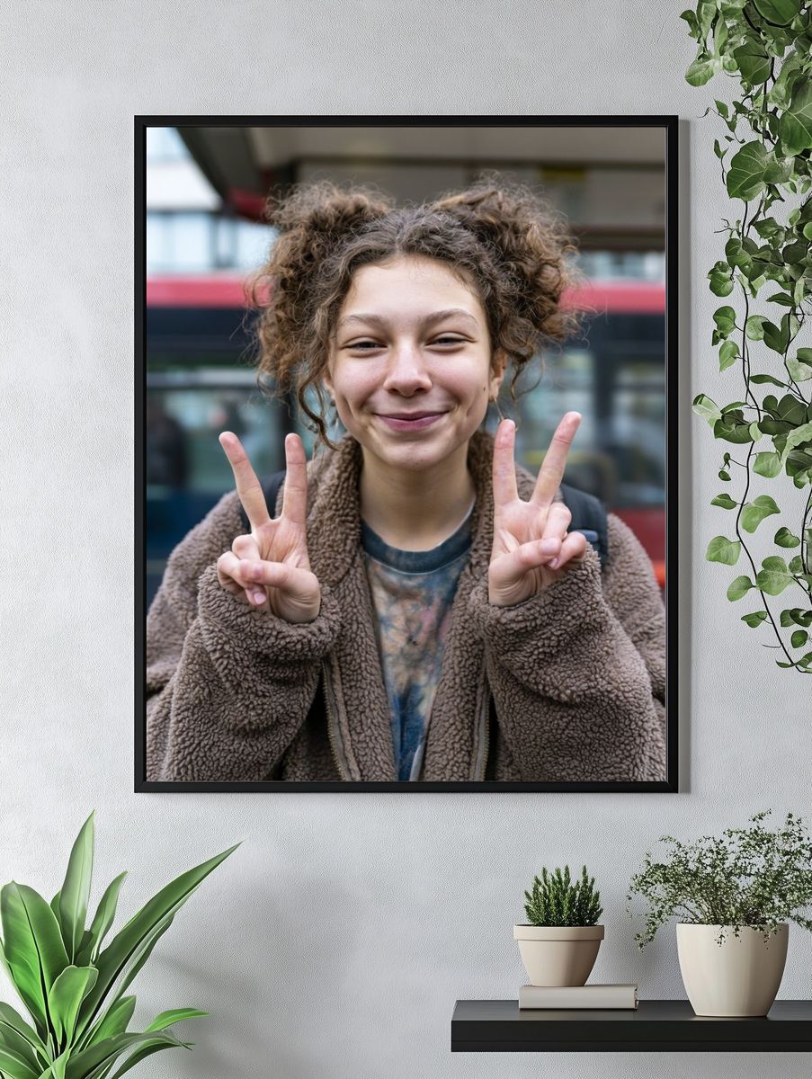 Smiling Girl Peace Sign Portrait Print. — room view 4