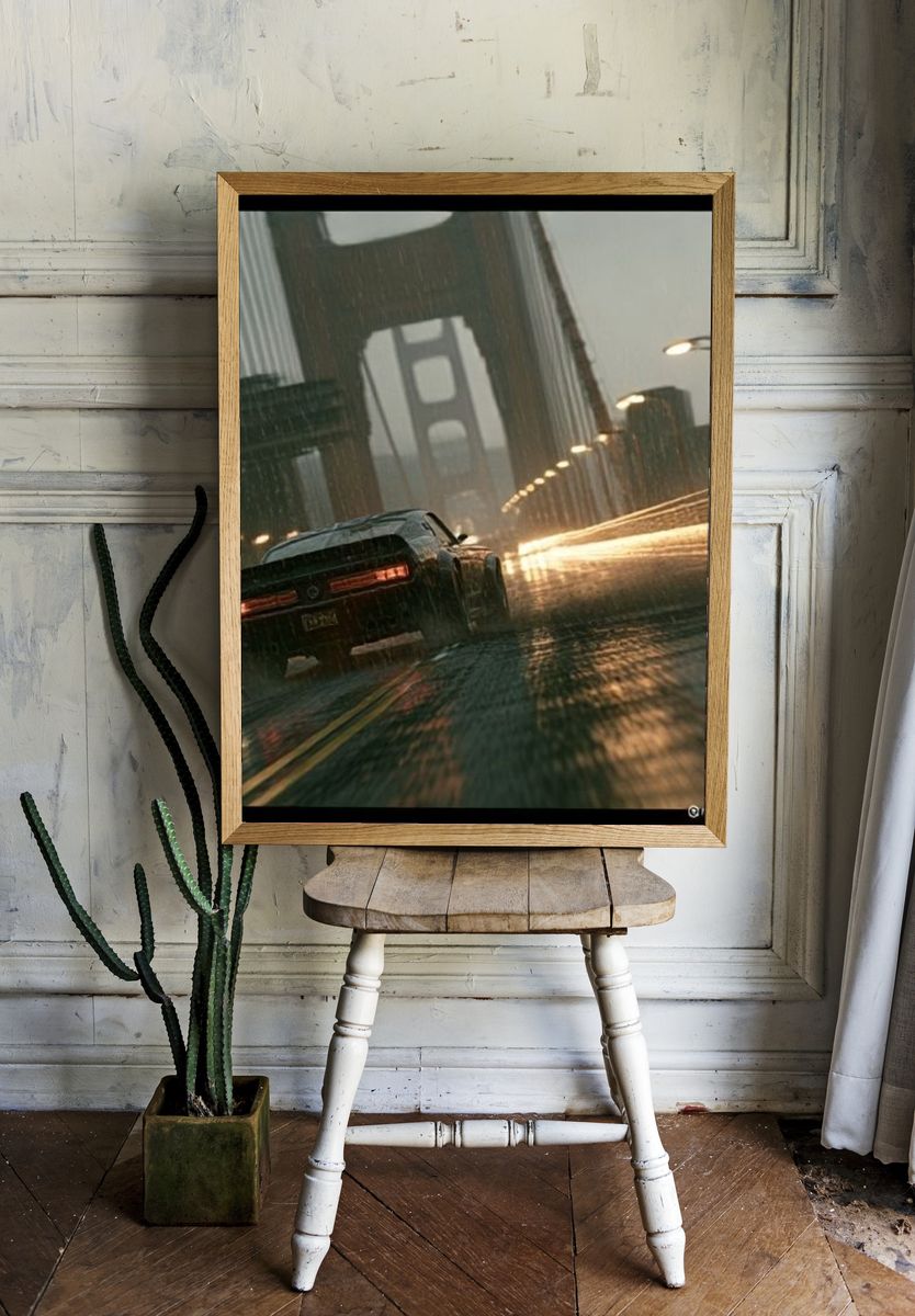 Rainy Bridge Car Chase Photography Poster. room preview