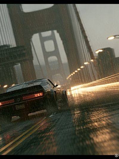 Rainy Bridge Car Chase Photography Poster.