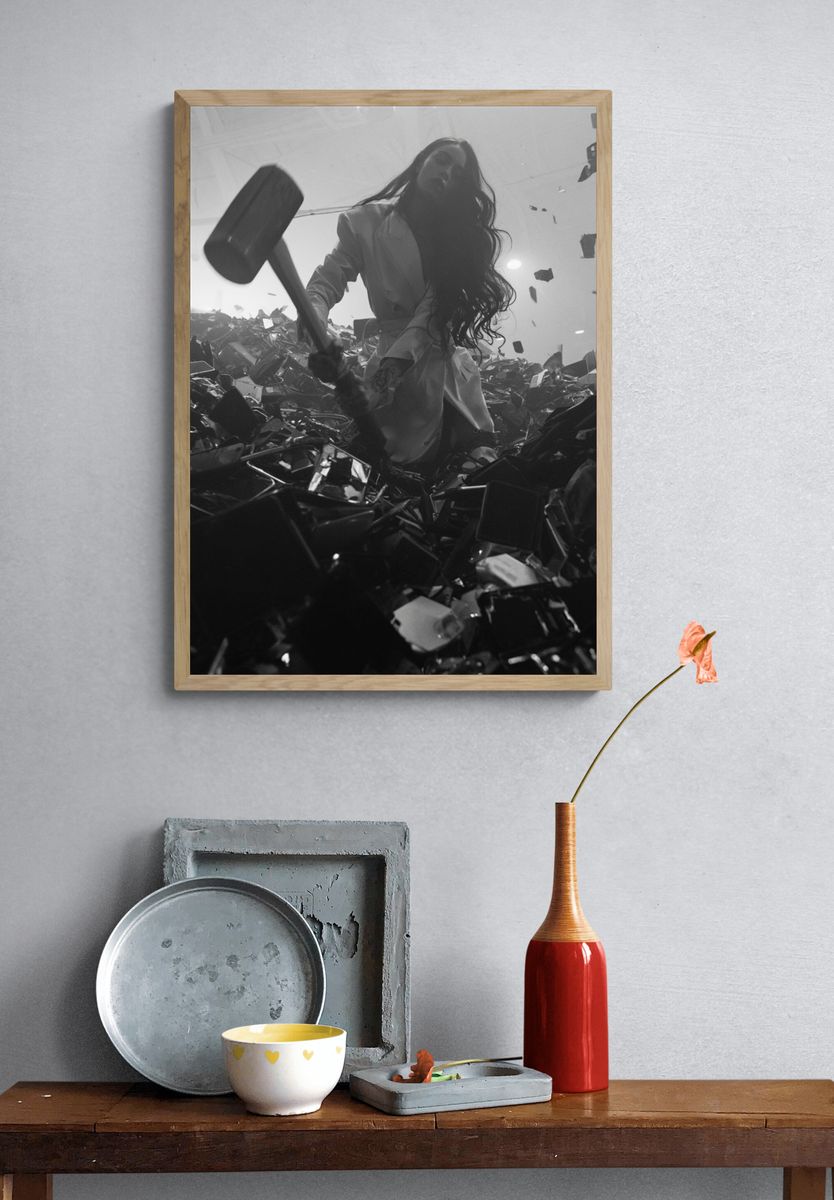 Monochrome Hammer Woman Photography Poster. — room view 3