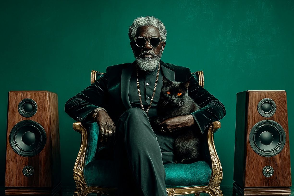 Regal Man with Black Cat Photography Poster. poster detail