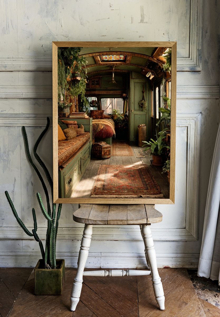 Boho Green Caravan Interior Print. — room view 1