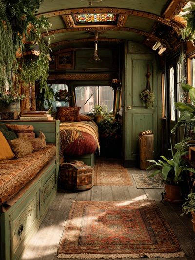 Boho Green Caravan Interior Print. poster print