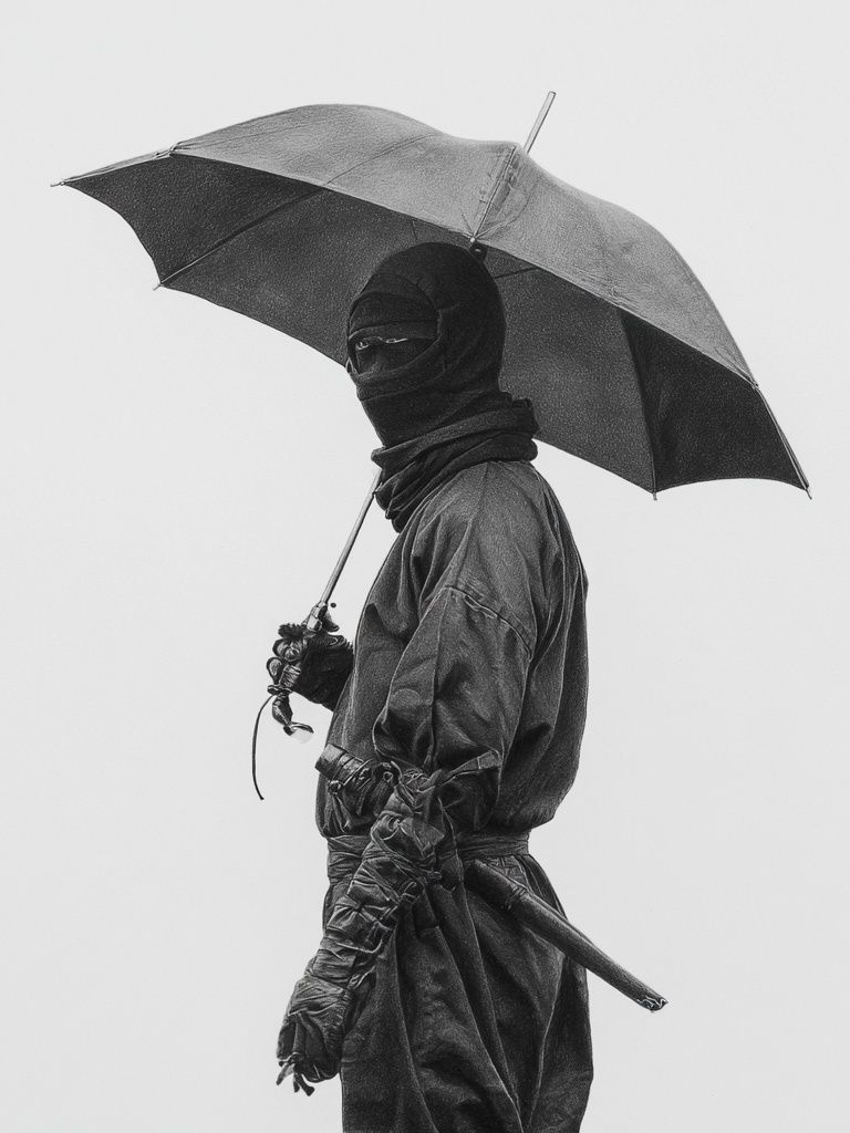 Masked Figure with Umbrella Photography Print. poster detail