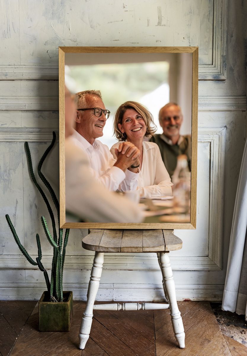 Smiling Friends at Dinner Photography Poster. room preview