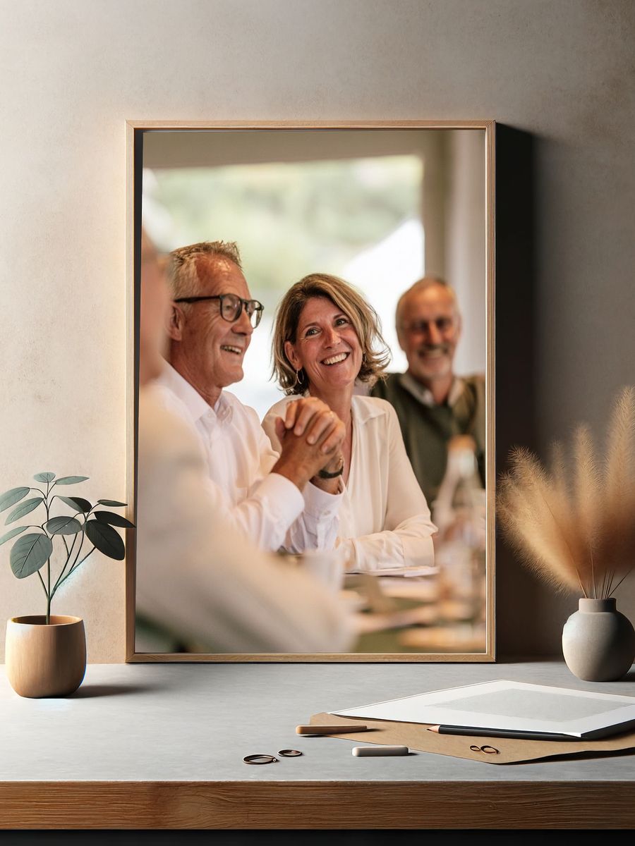 Smiling Friends at Dinner Photography Poster. — room view 2