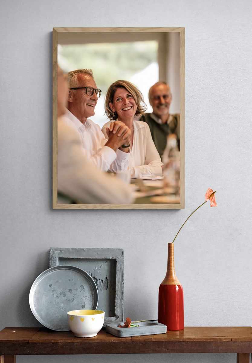 Smiling Friends at Dinner Photography Poster. — room view 3