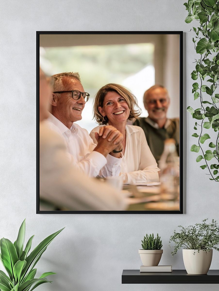 Smiling Friends at Dinner Photography Poster. — room view 4