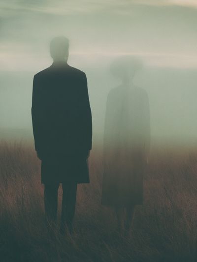 Misty Figures in Field Photography Poster. poster print