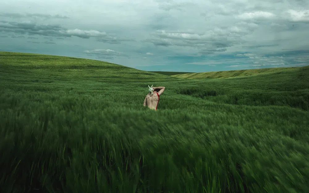 Woman amidst green field. Original. poster — photography art