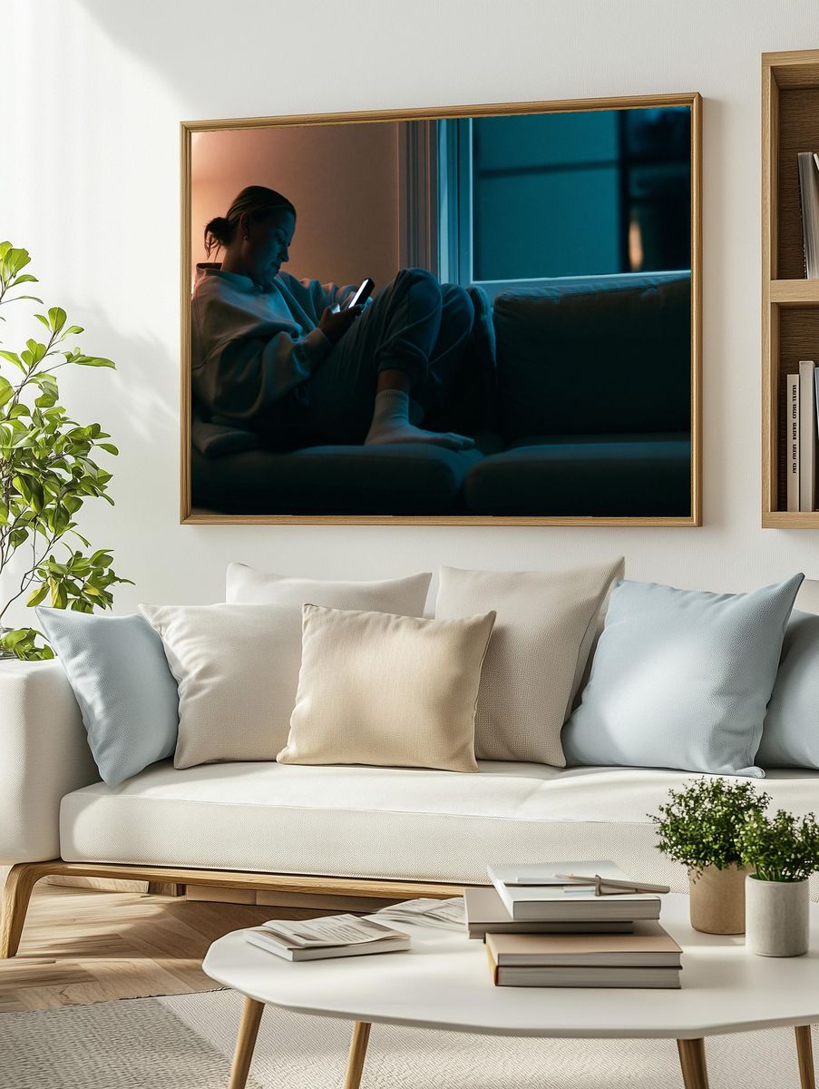 Cozy Evening Phone Glow Photography Poster. — room view 2