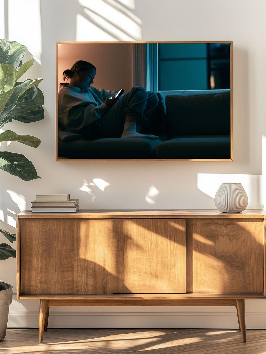 Cozy Evening Phone Glow Photography Poster. — room view 3