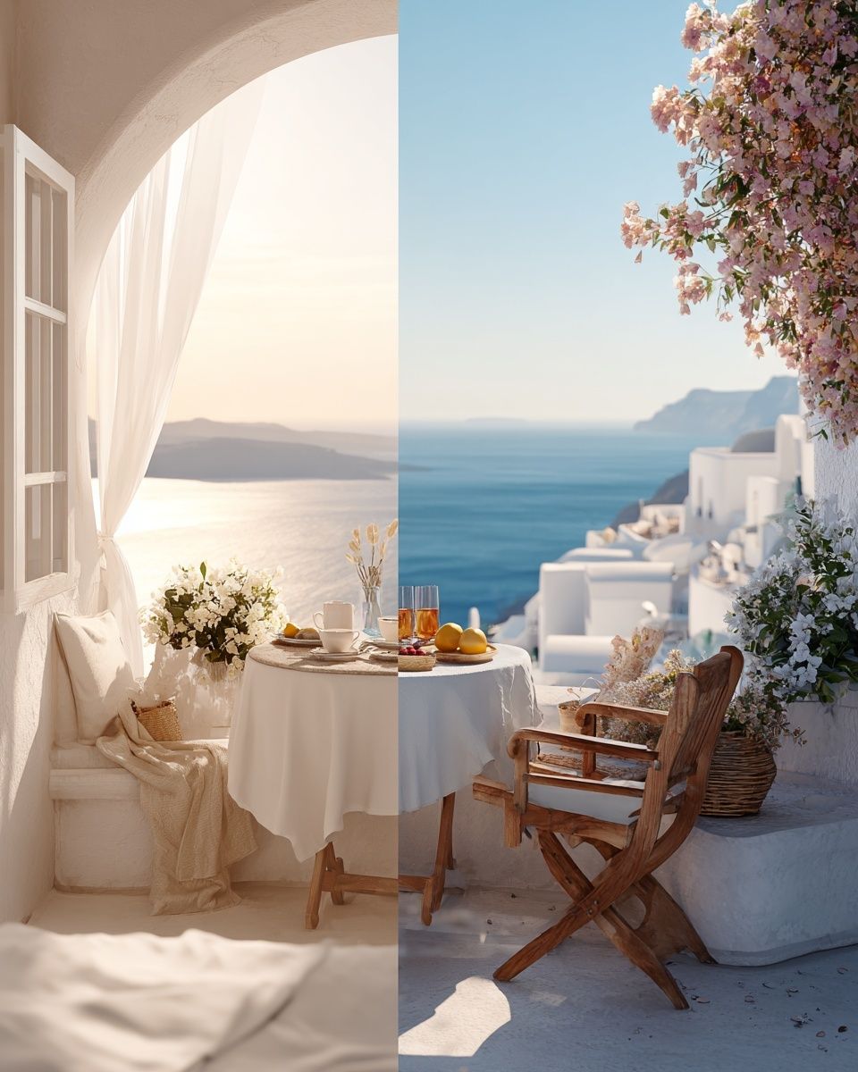 Santorini Seaside Terrace Photography Poster. poster detail