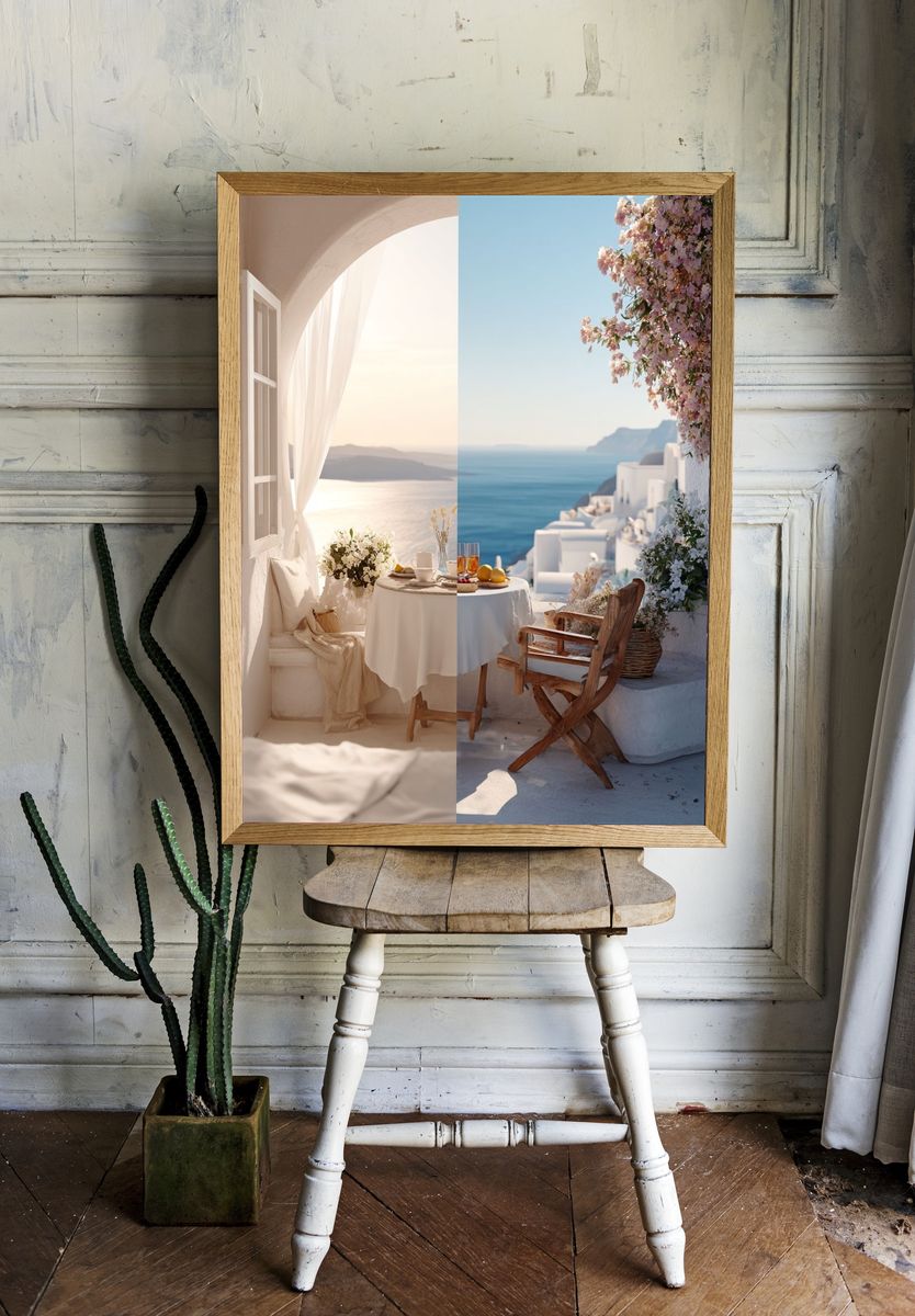 Santorini Seaside Terrace Photography Poster. — room view 1