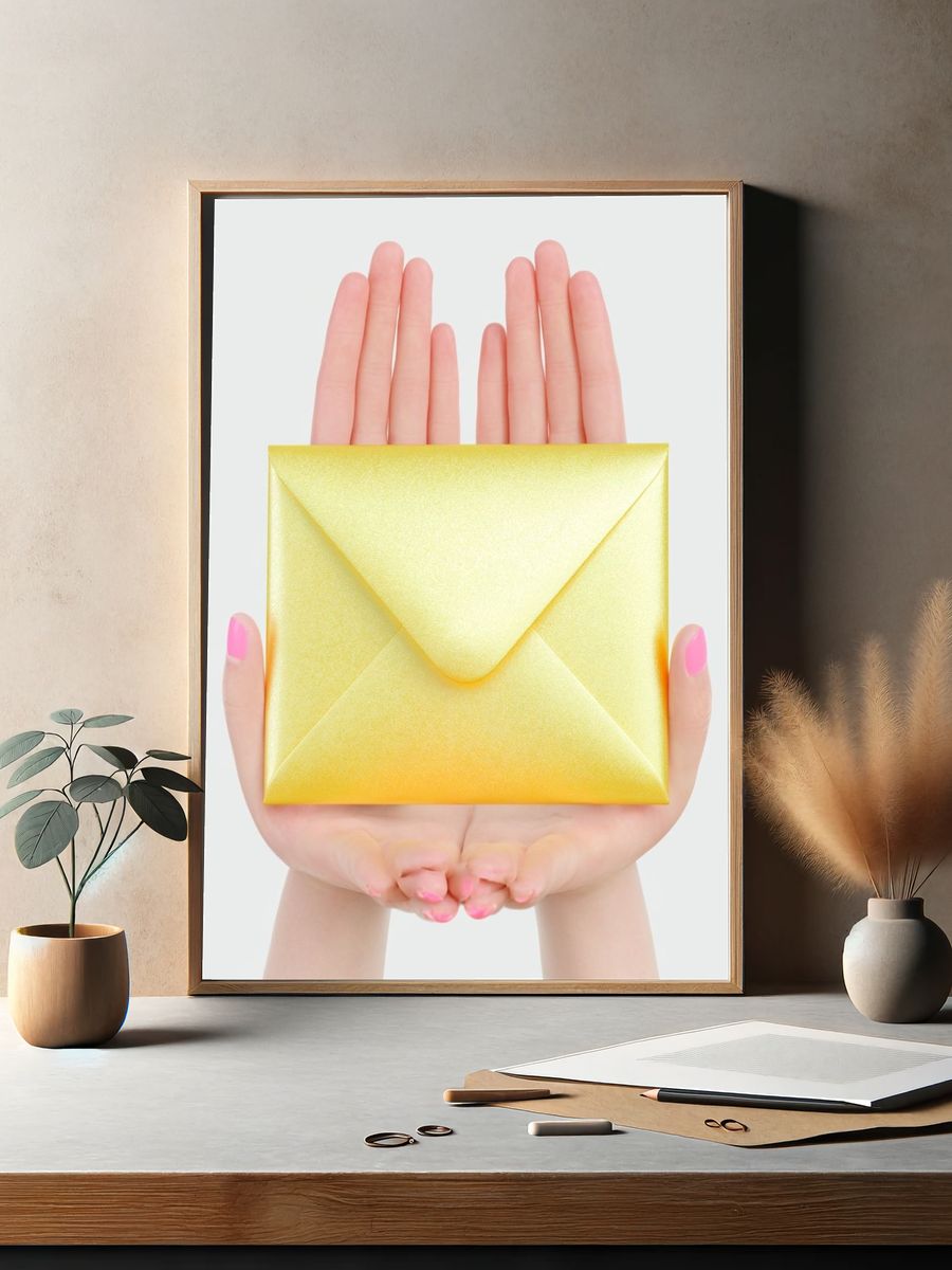 Golden Envelope Hands Photography Print. — room view 2