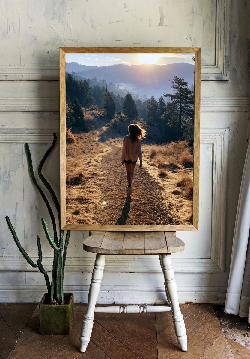 Sunlit Mountain Hike Photography Poster. — room view 1