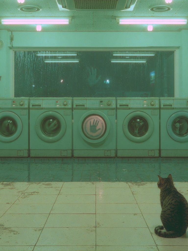 Neon Laundromat Cat Photography Print. poster detail