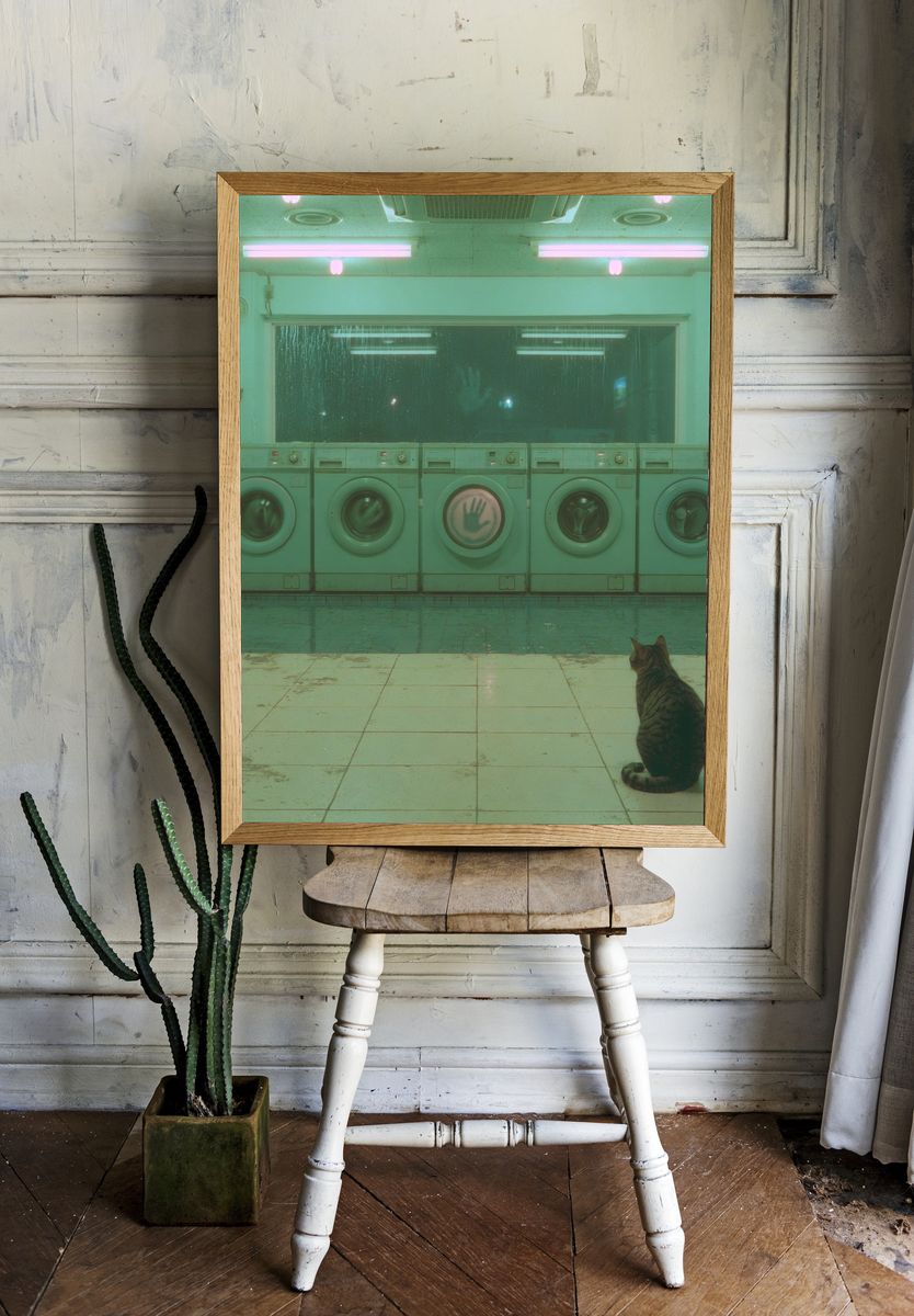 Neon Laundromat Cat Photography Print. — room view 1