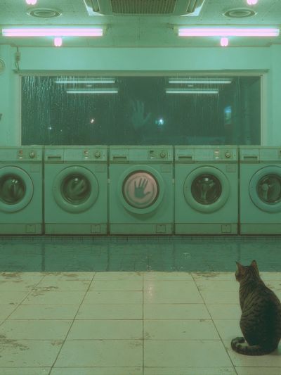 Neon Laundromat Cat Photography Print. poster