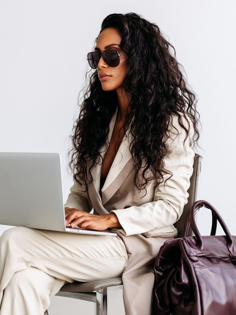 Elegant Woman with Laptop Photography Poster. poster detail