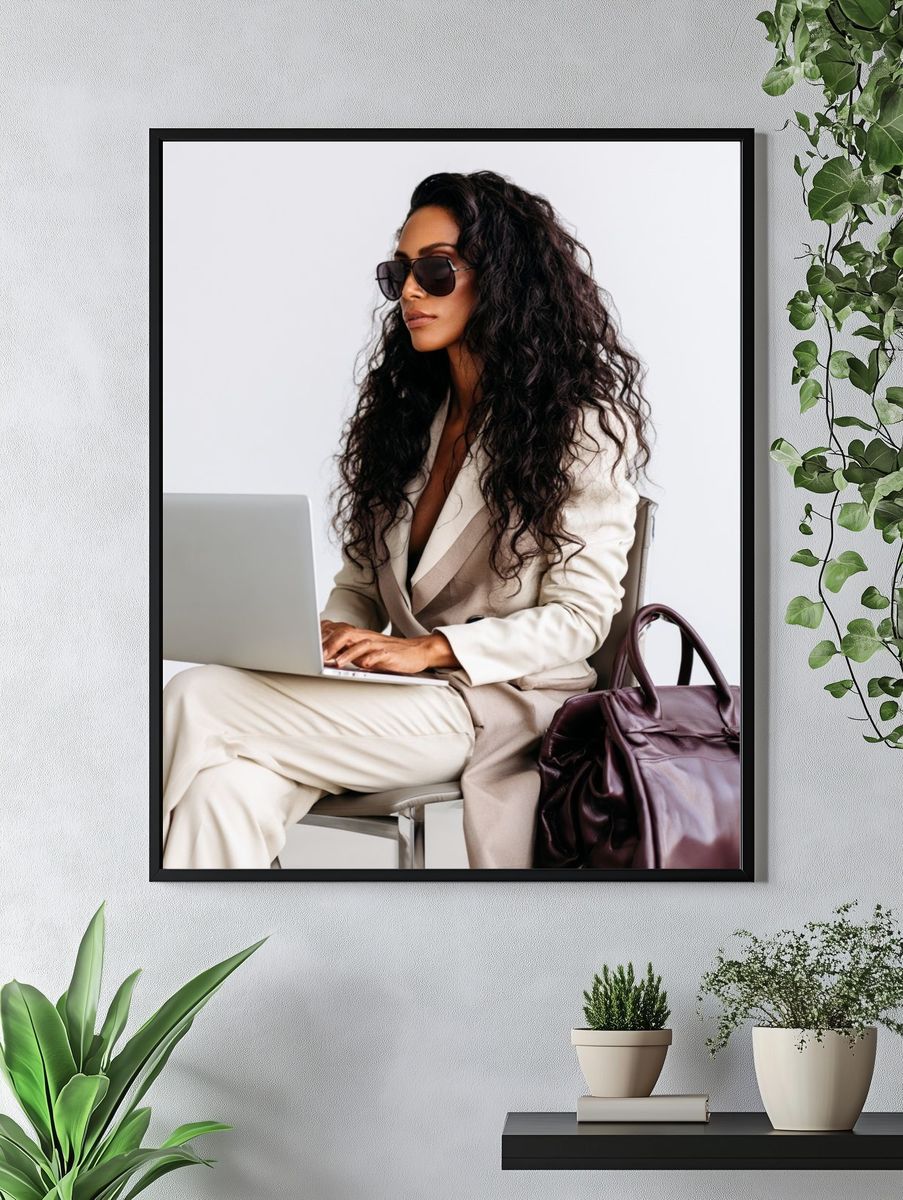 Elegant Woman with Laptop Photography Poster. — room view 4