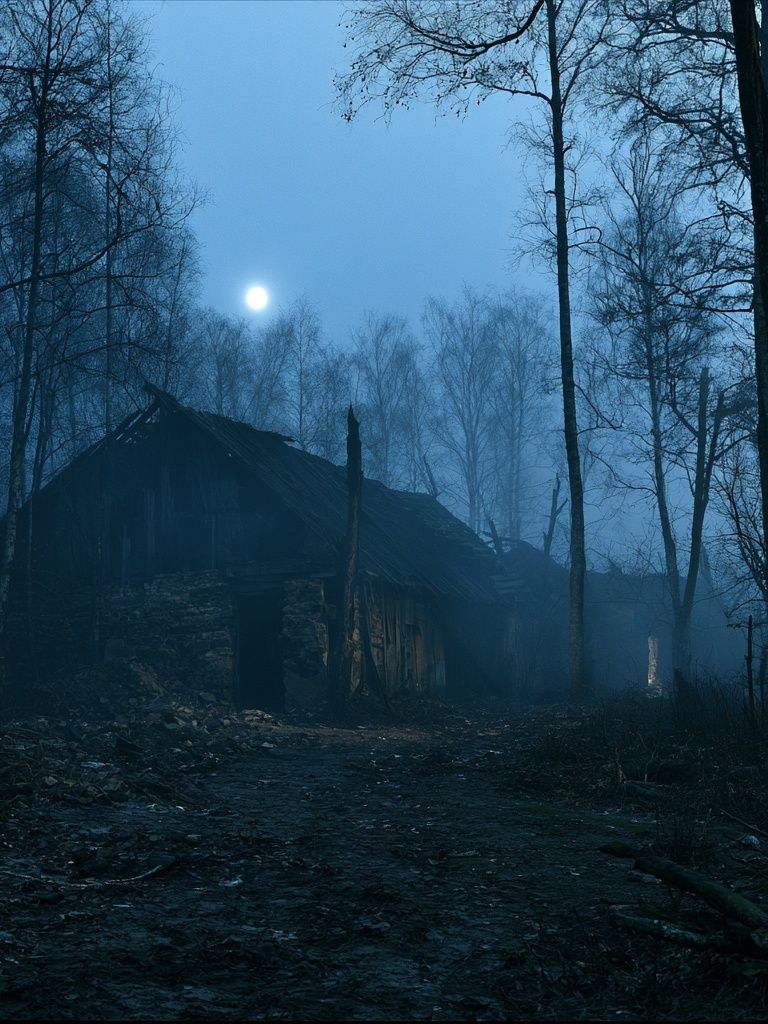 Moonlit Forest Cabin Photography Poster. poster detail