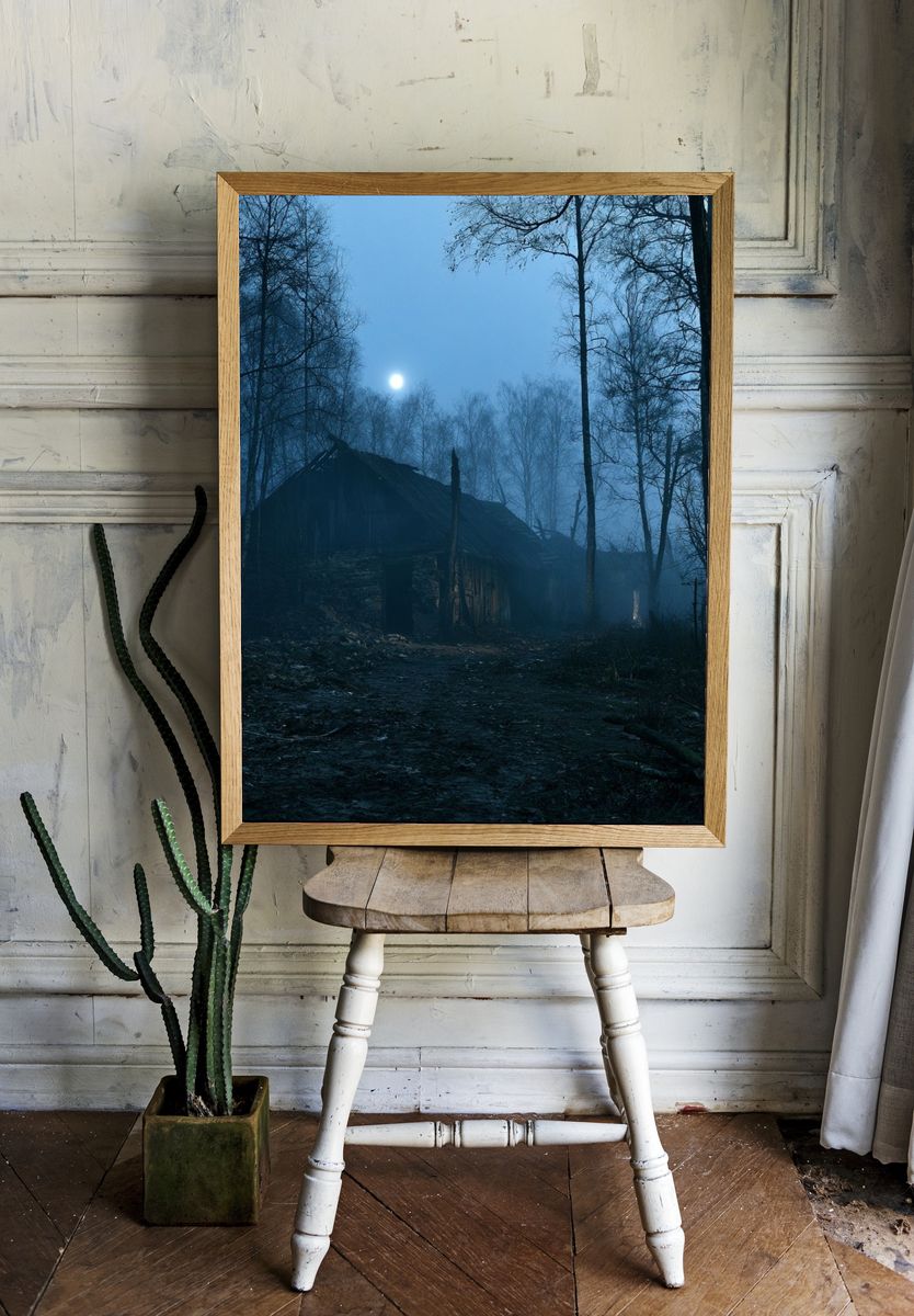Moonlit Forest Cabin Photography Poster. room preview