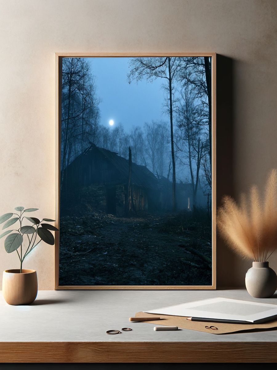 Moonlit Forest Cabin Photography Poster. — room view 2