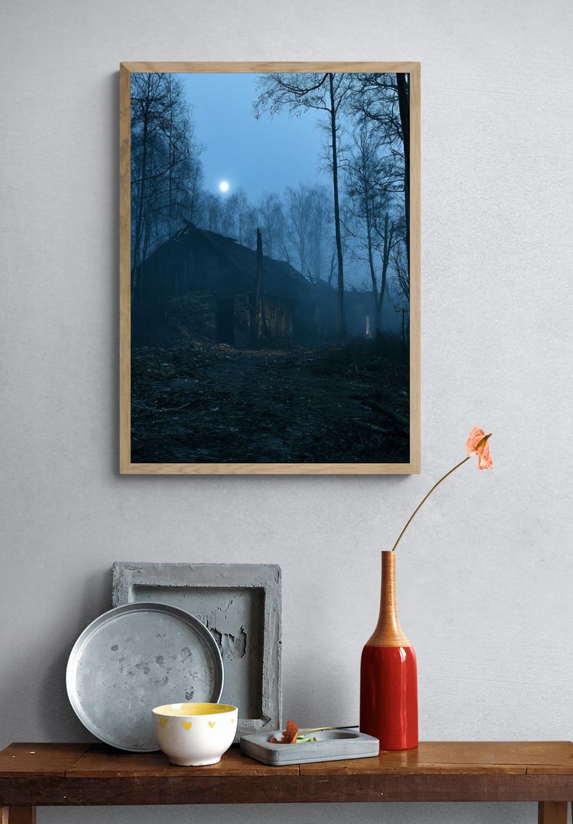 Moonlit Forest Cabin Photography Poster. — room view 3