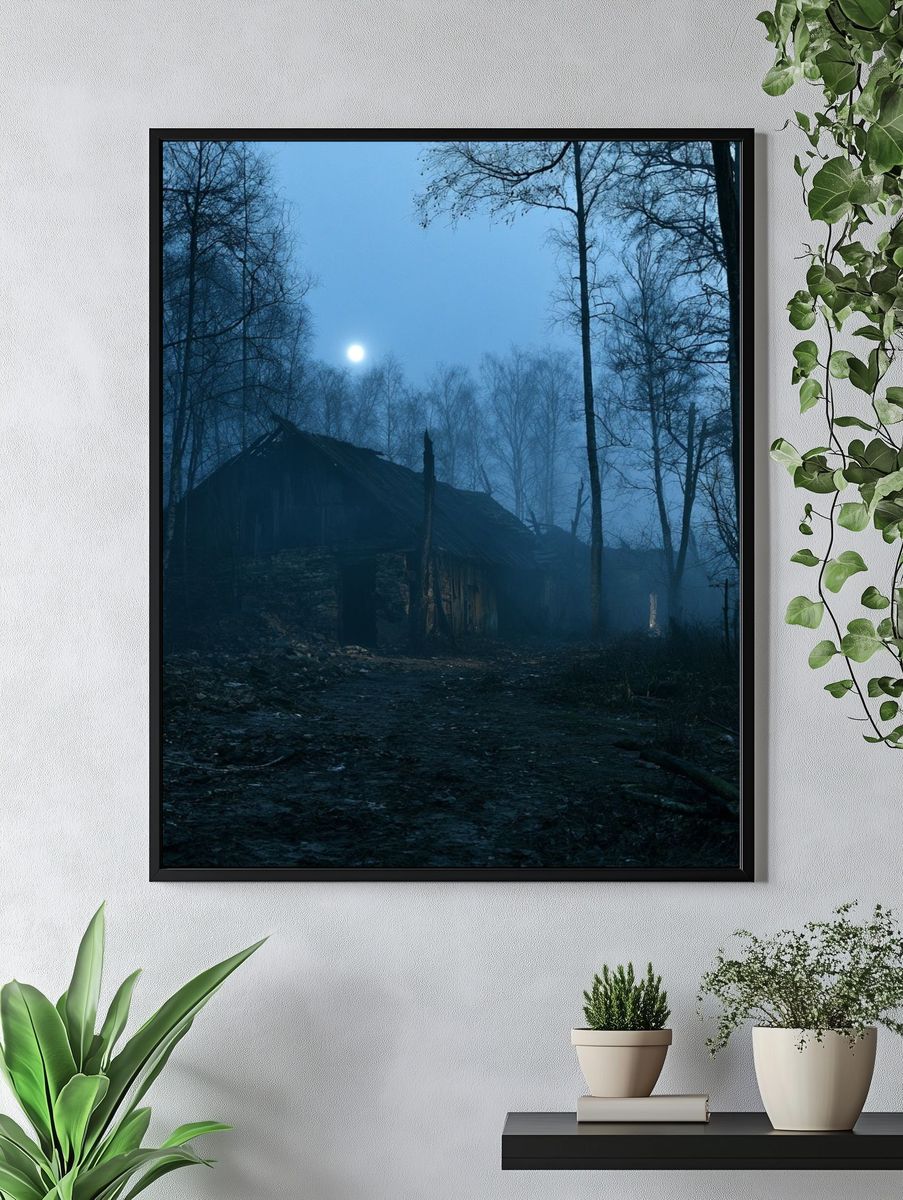 Moonlit Forest Cabin Photography Poster. — room view 4