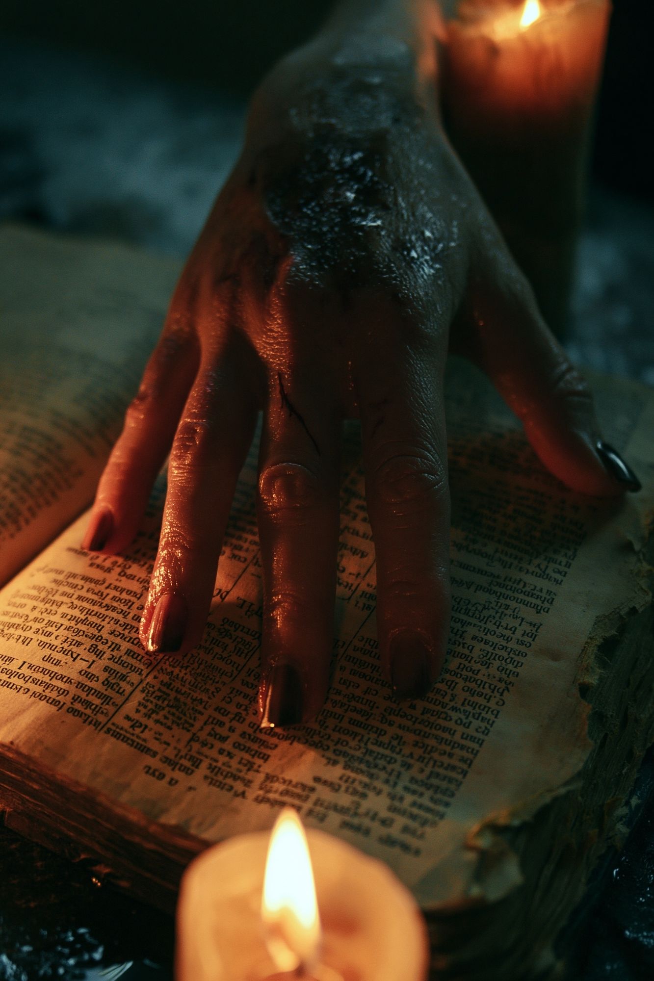 Candlelit Hand on Open Book Poster. poster detail